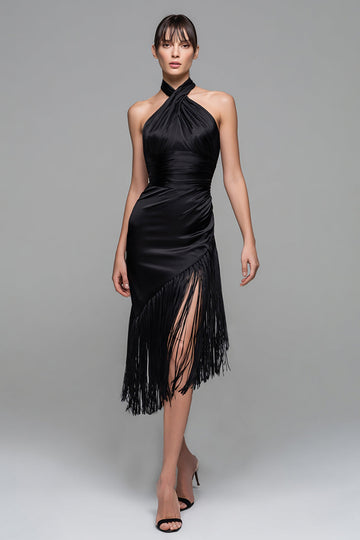 Robe formelle midi dos nu noire avec franges